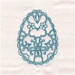 Redwork decorative egg featuring intricate floral patterns in soft blue thread, perfect for Easter.