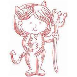 Redwork devil character with playful red outlines, horns, and a trident, perfect for Halloween projects.
