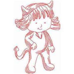 Redwork playful child figure with devil horns and tail in simple outline style, perfect for Halloween.