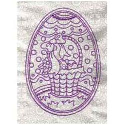 Redwork Easter basket with a whimsical bow, decorative eggs, and playful dots in a vibrant purple oval frame.