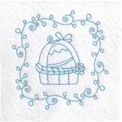 Redwork Easter basket filled with colorful eggs, adorned with swirling vines and a bow, on a light blue background.