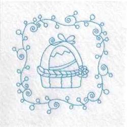 Redwork Easter basket with light blue outline, decorative eggs, and floral accents, ideal for spring celebrations.