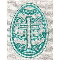 Redwork Easter egg featuring a prominent cross, floral patterns, and teal details on a light background.