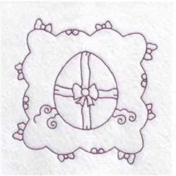 Redwork Easter egg with soft hues, adorned with ribbons and bows in a scalloped decorative frame, perfect for Easter.