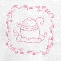 Redwork decorative egg with pink swirling designs and floral vine border, perfect for Easter celebrations.