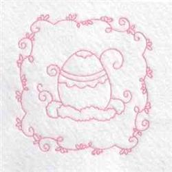 Redwork decorative Easter egg with soft pink outlines and whimsical curls, set against a clean white background.