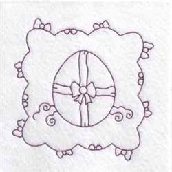 Redwork decorative easter egg with whimsical outlines, scalloped frame, and charming bows, perfect for Easter.