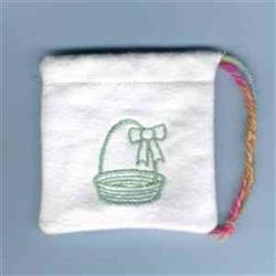 Redwork small pouch in white with light green Easter egg embroidery, multicolored handle, perfect for festive decor.