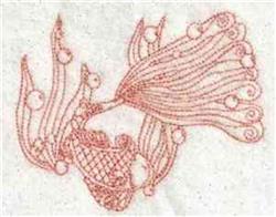 Redwork fish with flowing fins, textured body, and playful bubbles in a delicate, whimsical style.