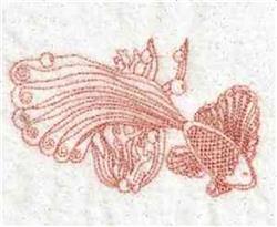 Redwork fish with flowing fins and delicate lines in a minimalistic style against a textured background.