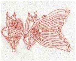 Redwork fish with flowing fins and a detailed body outlined in red against a textured light background.