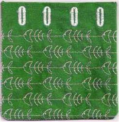 Redwork fish pattern with playful white outlines on a vibrant green background, arranged in rhythmic rows.
