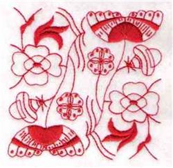 Redwork floral elements with vibrant red embroidery, detailed flowers, leaves, and whimsical stylized feet.
