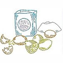 Redwork bag of flour with a blue outline, surrounded by pastel whole eggs and broken eggshells, evoking Easter.