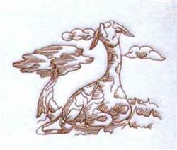 Redwork giraffe with soft, sketchy lines rests by a tree, surrounded by whimsical clouds, in warm brown tones.