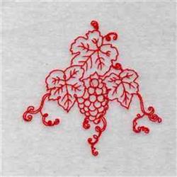 Redwork grape cluster with whimsical tendrils and stylized leaves, stitched in vibrant red thread on light gray fabric.