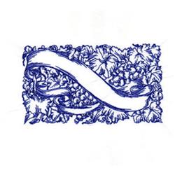 Redwork grapes entwined with leaves and textured grapevines, accented by a flowing ribbon in blue.