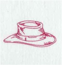 Redwork hat featuring a simple pink line drawing with a wide brim and cylindrical crown on a white background.