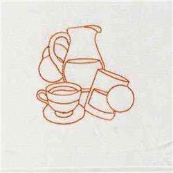 Redwork kitchenware collection featuring an orange outlined pitcher, cup with saucer, and plate on light fabric.