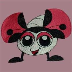 Redwork ladybug with bright red body, black spots and cheerful eyes on soft pink background.