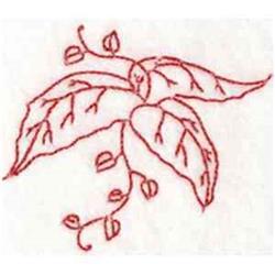 Redwork leaf cluster features simple red outlines and detailed veins, with small buds against a plain background.