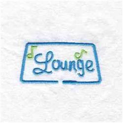 Redwork design featuring the word 'Lounge' with a playful blue outline and small green musical notes on a white background.