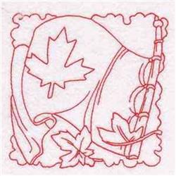 Redwork flag with a maple leaf design, featuring delicate outlines and decorative maple leaves, perfect for fall.