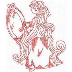 Redwork design of a woman with long hair gazing into an ornate mirror, dressed gracefully in a flowing dress.