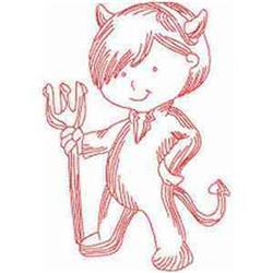 Redwork mischievous cartoon devil with a friendly grin, devil horns, and a trident, perfect for Halloween.