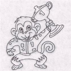 Redwork monkey with a trophy, cute and cheerful, wearing a playful outfit with bold lines.