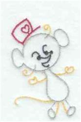 Redwork mouse with a smiling face and a heart-adorned hat, illustrated in soft gray and yellow hues.