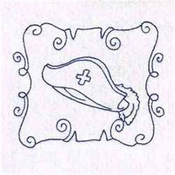 Redwork nurse's hat in a simple outline style, framed by swirls for a clean and elegant look.