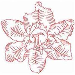 Redwork orchid flower with layered petals and lush leaves in red thread on white background, showcasing elegant line art.