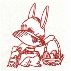 Redwork rabbit in a whimsical pose, wearing a hat, holding a basket of colorful Easter eggs.