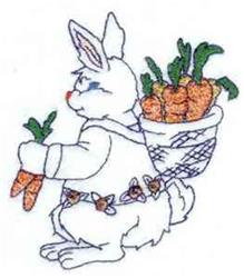 Redwork rabbit with a gentle expression, carrying a basket of carrots, perfect for Easter decor.