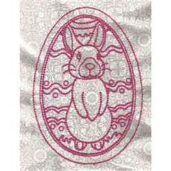 Redwork rabbit with whimsical pink outlines in an oval frame, featuring playful egg patterns for Easter.