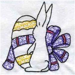 Redwork rabbit with a purple bow beside a colorful decorated egg, perfect for whimsical Easter celebrations.