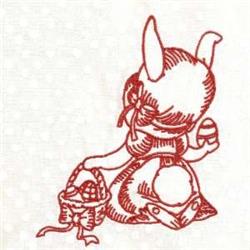 Redwork rabbit with a bow holding a colorful Easter egg beside a basket of decorated eggs, perfect for spring.