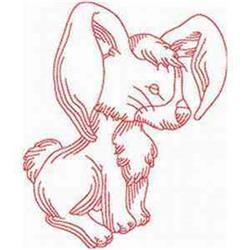 Redwork rabbit with large floppy ears and a fluffy tail, outlined in red, featuring a simple line drawing style.