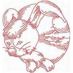 Redwork rabbit design featuring a playful bunny with curved ears and outstretched legs on a white background.
