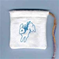 Redwork rabbit pouch with playful blue embroidery, a decorative drawstring, ideal for spring.