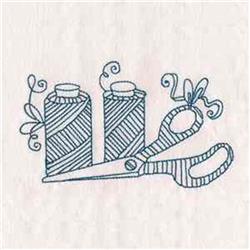 Redwork scissors with decorative swirls and two spools of thread in playful line art design.