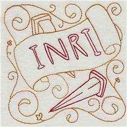 Redwork scroll featuring 'INRI' surrounded by ornamental swirls and a cross in simple line art style.