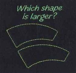 Redwork text asking 'Which shape is larger?' above yellow curved shapes on a black background.