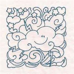 Redwork smiling cloud with cheerful expression, surrounded by stars and lightning, in a playful design.
