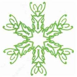Redwork snowflake with vibrant green outlines and intricate swirled patterns, perfect for winter decor.