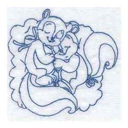 Redwork design of two cute squirrels cuddling, with soft outlines, curly tails, and a light blue background.