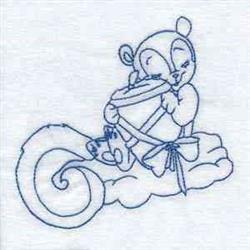 Redwork squirrel holding a drum on a fluffy cloud, outlined in blue on light fabric, playful design.