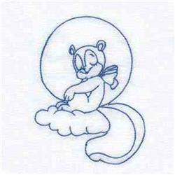 Redwork squirrel lounging on a fluffy cloud under a circular moon, in serene blue tones.