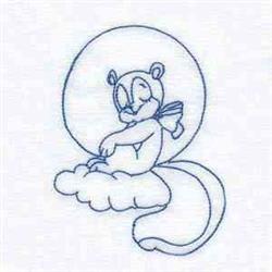 Redwork squirrel cheerfully rests on a fluffy cloud, with a circular moon backdrop in a playful cartoon style.